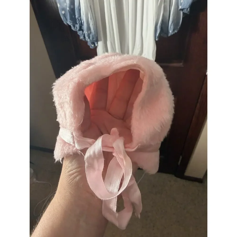 Vtg Antique Baby Bonnet Faux Fur Heirloom White Silk Ribbon Satin Lined 70s
